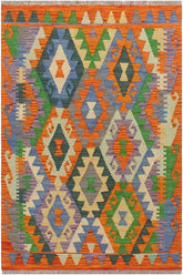 Flat Weave Kilim Antique Navaho Vintage handmade Geometric Kilim Rust Blue Hand-Woven Rectangle 100% Wool Area Rug 3x3